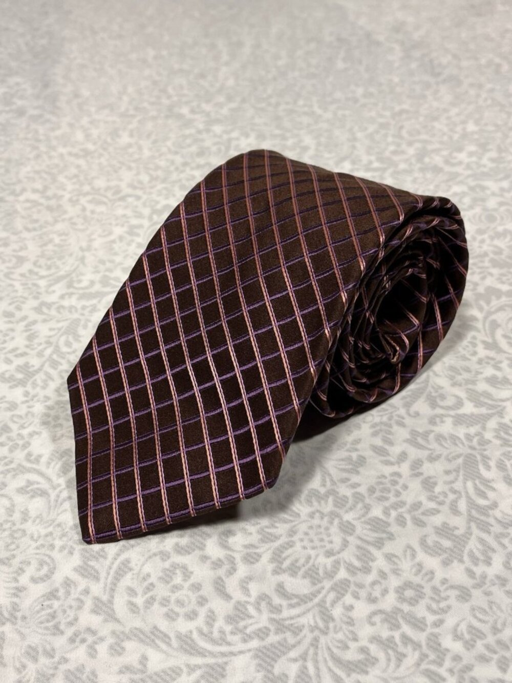 Ike Behar Brown Purple Grid Silk Tie USA Hand Tailored